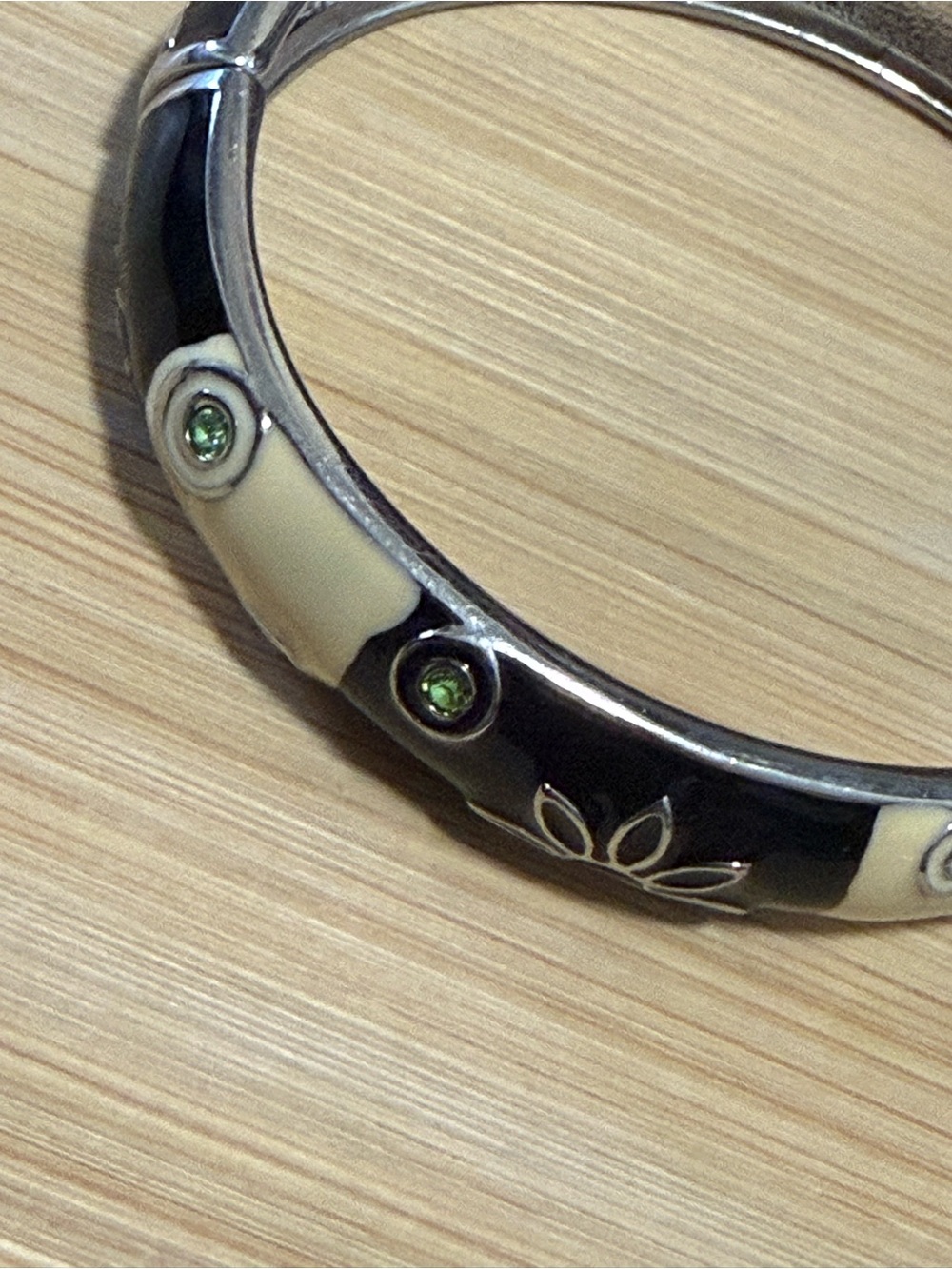 Black and Cream Bangle Bracelet with Green Rhinestone Accents